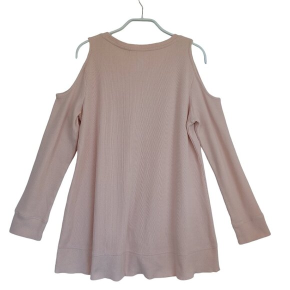 Style & Co Tee Shirt Cold Shoulder Long Sleeve Waffle Knit Top Peachy Pink Med - Picture 8 of 9